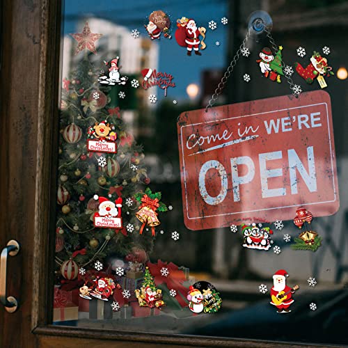 Sazfli 50 PCS Christmas Window Cling 4 Sheet Self-Adhesive Stickers for Glass Wall Cabinet Refrigerator, Xmas Holiday Decals Decorations Snowflake Santa Claus Decals for Party