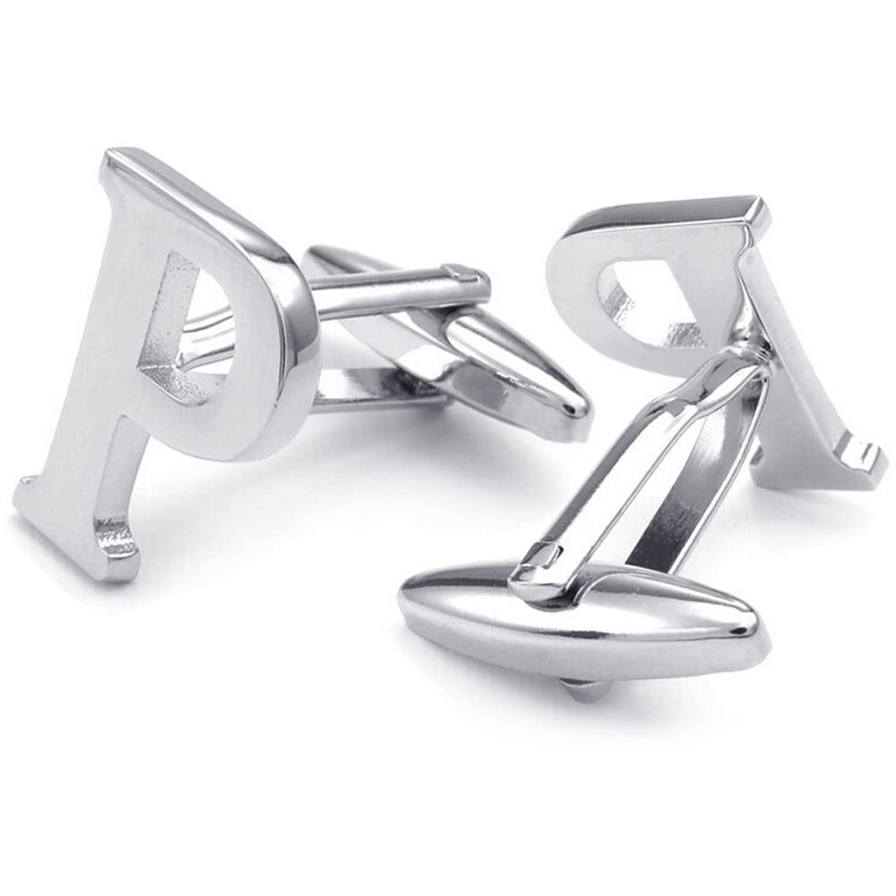 HONEY BEAR Mens Initial Alphabet Letter Silver White Steel Wedding Formal Business Cufflinks (P)