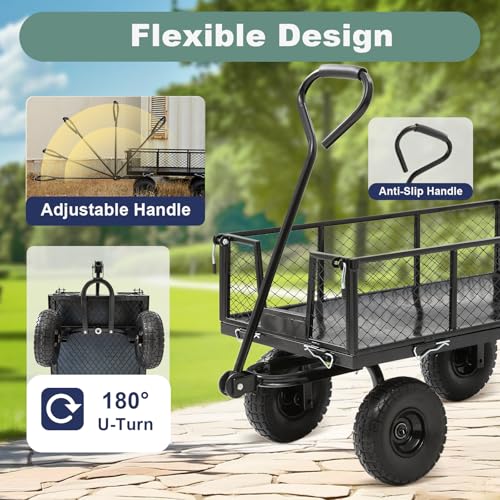 HEAHOLD Garden Wagon Cart Heavy Duty 880 LBS Steel Utility Cart with All-Terrains 3.50-4" Solid Wheels 10" Tires, 180° Rotating Handle, Removable Sides, Laser-Welded Frame & Multi-Surface
