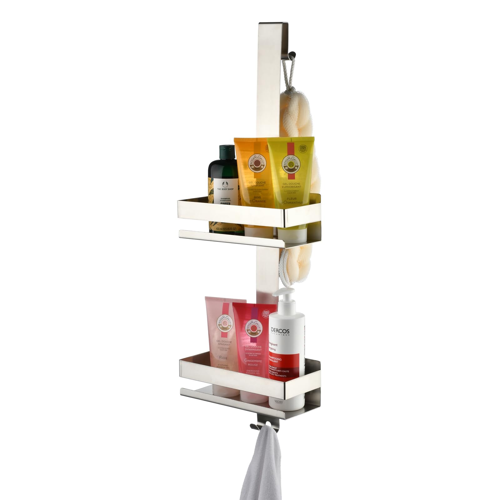 SHUNLI Shower Caddy Hanging Over Door - No Drilling Shower Organiser Stainless Steel Shower Shelves with Hooks - Brushed Nickel Bathroom Shower Rack Basket Storage