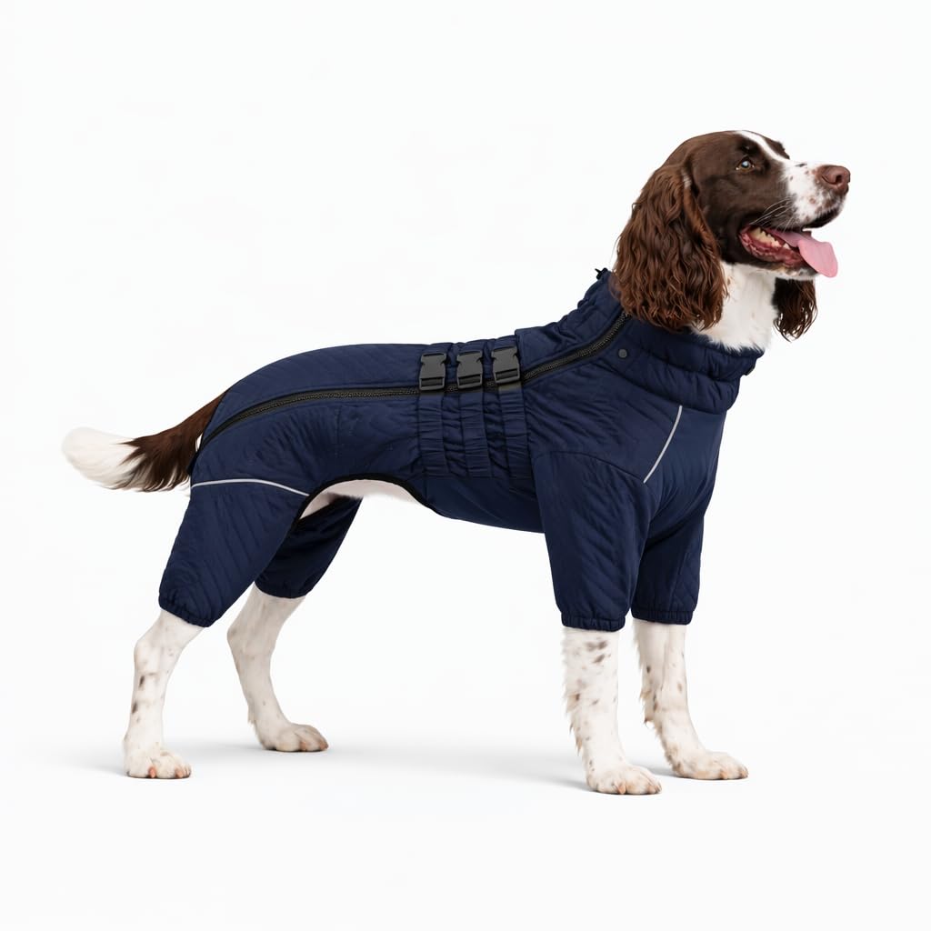 Warm Double Layers Dog Vest - 4 Legs Covered Windproof Waterproof Reflective Coat, Outdoor Skating Costume for Small Medium Large Dogs, Navyblue L