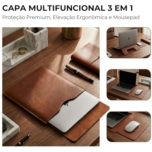 Capa PREMIUM em Couro para Macbook Pro e Air 13" a 14" Polegadas (2016-2025) com Suporte Ergonômico e Mousepad Integrado, Compatível com Notebook (Marrom)