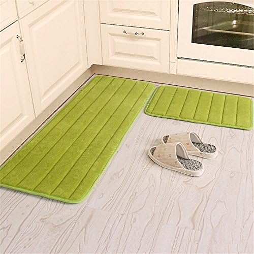 Kitchen Rugs, CAMAL 2 Pieces Non-Slip Memory Foam Stripe Kitchen Mat Rubber Backing Doormat Runner Rug Set (16"x24"+16"x48", Green)