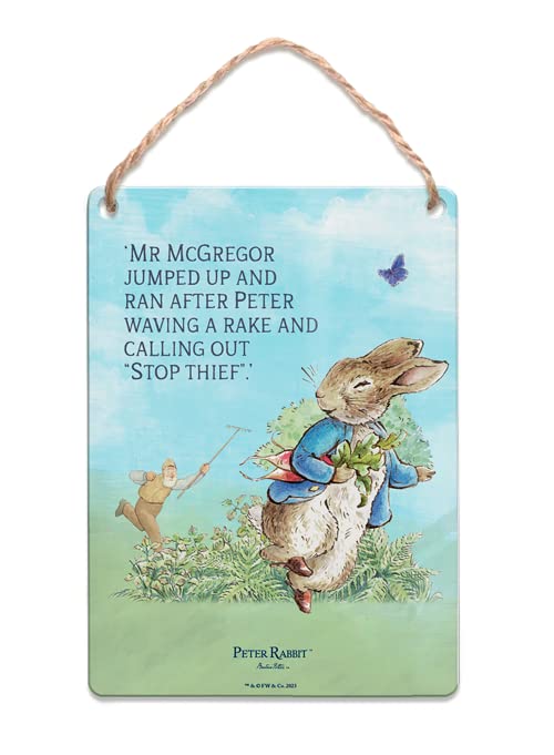 Metal Dangler Sign (65 x 90 mm) - Beatrix Potter - Peter Rabbit - Mr McGregor jumped up and ran after Peter� — image 1