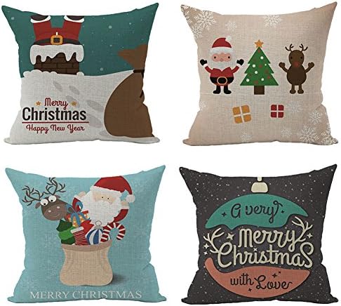 BonusLife Merry Christmas Series Throw Pillow Case Cotton Cushion Cover Decorative Pillowcase Square 4 Set