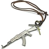 KONOV Mens Army Style AK47 Cross Gun Pendant Adjustable Leather Cord Necklace Chain, Brown