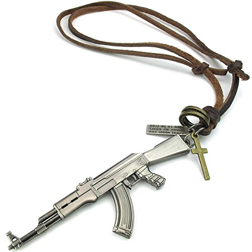 KONOV Mens Army Style AK47 Cross Gun Pendant Adjustable Leather Cord Necklace Chain, Brown