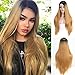 MISSWIG Lace Front Ombre Blonde Synthetic Glueless Wig for Black Women Soft Dark Roots Long Straight Side Part Replacement Hair Wigs Heat Resistant Fiber