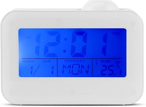 Amazon Com Projection Alarm Clock Lcd Display Backlight Desk Alarm Clock Voice Control Ceiling Projection For Bedroom With Temperature Date Calendar Snooze Automotive