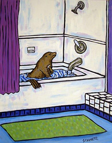 Sea Lion taking a bath bather bathroom decor signed art Print