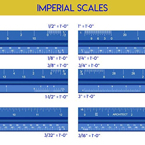 Architectural Scale Ruler, Metal Ruler of Solid Aluminum, Great Drafting Tools with Architect Scale, Laser-Etched Ruler 12 inch Triangle for Blueprint (Imperial)