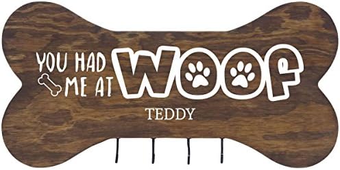 Personalized You Had Me at Woof Wall Mounted Dog Bone Pet Leash Rack,Dog Collar Holder New Home Decor Gift ideas and 4 hooks 16" L x 8" H 2.5." deep by Rooms Organized (Cherry)