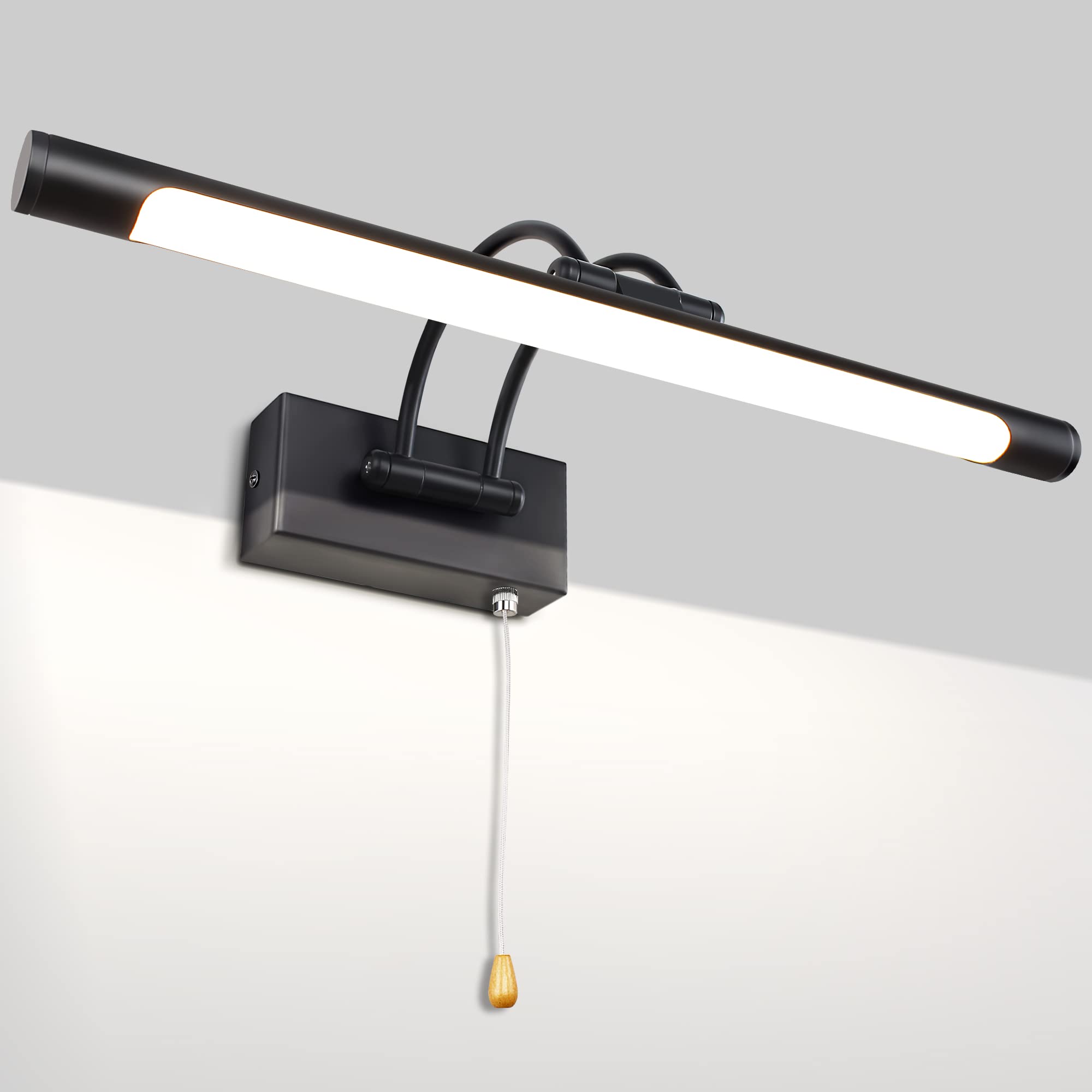 MantoLite Modern LED Bathroom Mirror Light with Pull Cord 40CM Black Picture Light with Swivel Lamp Head for Hotel Restaurant IP44 Bathroom Wall Light Arc Arm 3000K Warm White