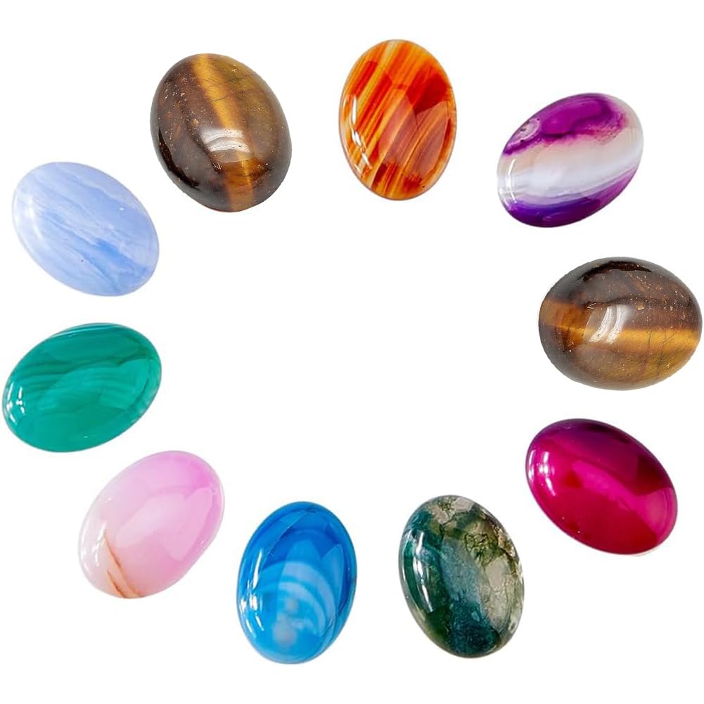 SUPERFINDINGS 20pcs 10 Colors Oval Natural Agate Cabochons 18x13x5mm Gemstone Flatback Cabochon Crystals Natural Gemstone for Necklace Jewelry Making