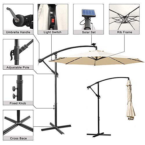 Ediors 10ft Deluxe Solar Power Outdoor Patio Umbrella - Offset Cantilever Sun Umbrella, Hanging Shade Umbrella w/32 LED Lights | Crank Lift System | Cross Base (10ft with 32 LED, White)