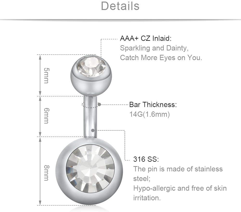 Funseedrr 3pcs Short Belly Button Ring Set Surgical Steel 14 Gauge 6mm Navel Ear Bars Piercing Jewellery, Silver, 1.6mm - Image 3