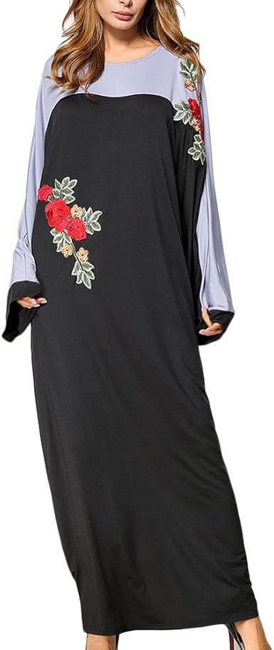 black dress with embroidered flowers