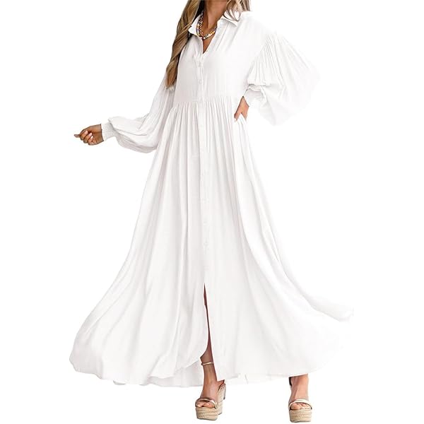 SOMTHRON Women's Summer V Neck Button Down Lantern Long Sleeve