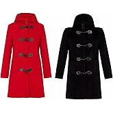 Women Classic Toggle Duffle Coat with Hood Jacket Winter Trench Coat Red & Black