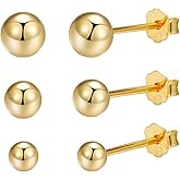 Gold Ball Earrings for Women 925 Sterling Silver Gold Stud Earrings Set, Sizes 3-5MM, 3 Pack