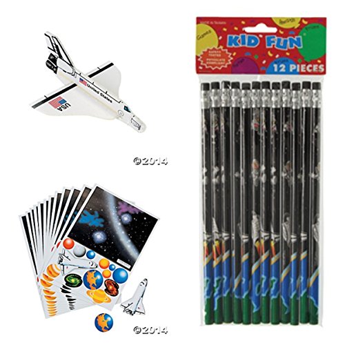 36 Solar System SPACE SHUTTLE- PARTY FAVORS -12 Outer Space PENCILS -12 SPACE Shuttle Foam Gliders - 12 MAKE a SOLAR System Sticker Sheets Science Classroom Give-aways - TEACHER Incentives
