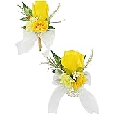 Floinla Yellow Corsage and Boutonniere Set for Wedding Prom, Artificial Rose Flower Homecoming Corsage Wristlet, Boutonniere for Men Wedding Suit Decor