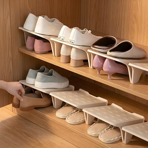 Beauenty 10 pcs Shoe Slots Organizer,Stackable - Durable Shoe Slot Organizer for Closet & Shelf, Space Saver,Fits Most Shoes(Beige)