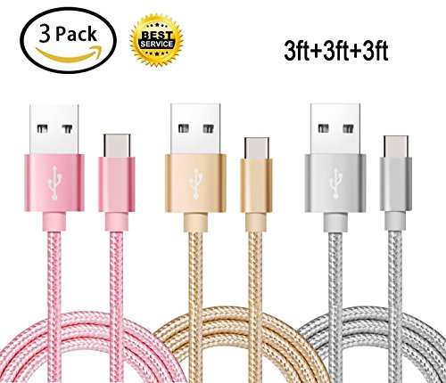USB Type C Cable USB2.0 Fast Charging, (3-Pack 3feet) USB-A to USB-C Nylon Braided Data Sync Transfer Cord Compatible with Galaxy S10 S10E S9 S8 S20 Plus, Note 10 9 8 and Other USB C Charger