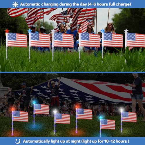X-GiftKey 4th of July Decorations Outdoor American Flag Lights, 6-Pack Red White and Blue Solar Stars Lights with 6 USA Flags & 30LED,Bright Patriotic Pathway Lights for Memorial Day Yard Lawn Decor