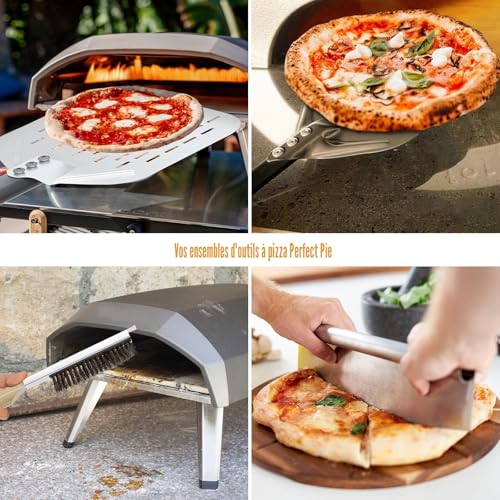 4 Piece Pizza Set - Perforated Pizza Peels 30 cm + 9 Inch Round Aluminium Pizza Peel + Professional Pizza Cutter + Cleaning Brush for Pizza Oven Made of Palm Fibre Bristles