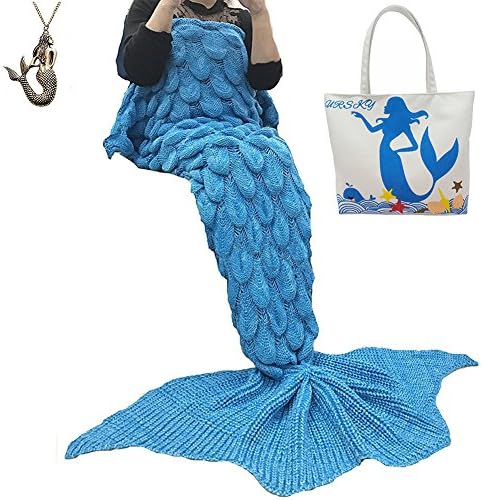 URSKY Crochet Knitted Sofa Living Room Mermaid Tail Blanket, Cozy and Soft All Season Mermaid Tail Pattern Throw Sleeping Bag For Adult, Teens and Child (Scale Fancy Tail Azure)