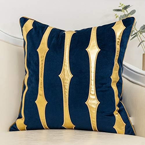 Yangest Navy Blue and Gold Leather Velvet Throw Pillow Cover Striped