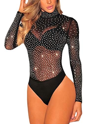 Women's Studded Mock Neck Bodysuit – Mesh See-Through Top With Thong Bottom, Black - View #2