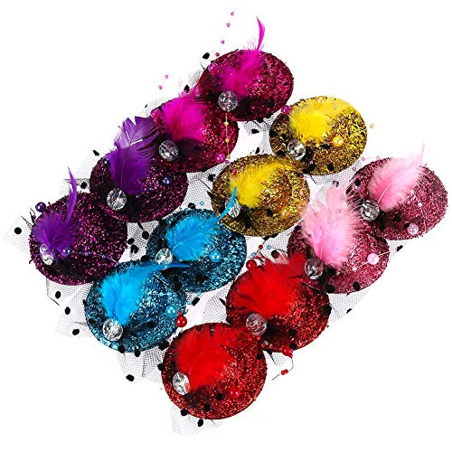 12 Pieces Mini Hat Hair Clip Shining Fascinator Party Hats with Faux Feather Mesh Bow Hairpin for Girls Toddler Costume Accessory, 6 Colors