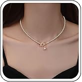 Sttiafay Bohemia Pearl Bead Choker Necklace Gold Pearl Toggle Clasp Necklace Tiny Pearl Pendant Necklace Small Beaded Pearl Chain Necklace Jewelry for Women