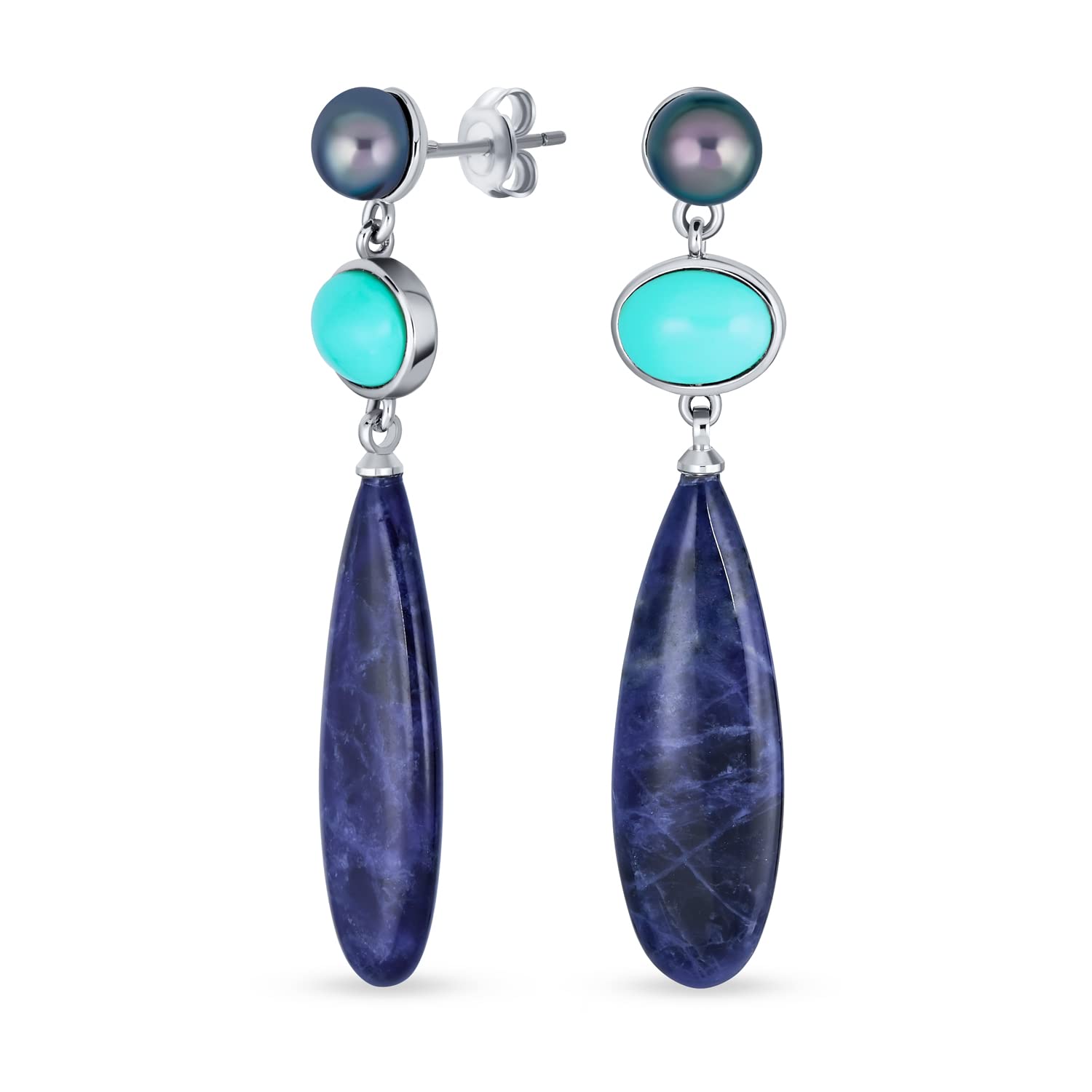 Unique Geometric Multi Shape 3 Multi-Tier Dangling Cultured Freshwater Grey Pearl Accent Natural Gemstone Blue Turquoise Navy Sodalite Elongated Long Teardrop Party Earrings for Women Silver Plated