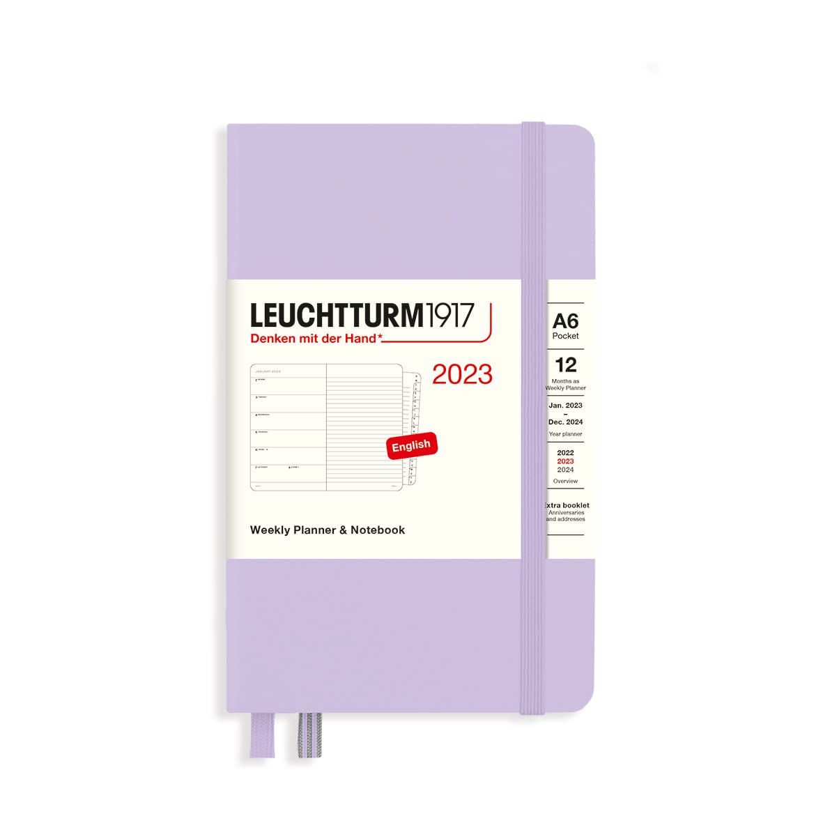 LEUCHTTURM1917 365894 Weekly Calendar & Notebook Pocket (A6) 2023, 12 Months, Lilac, English
