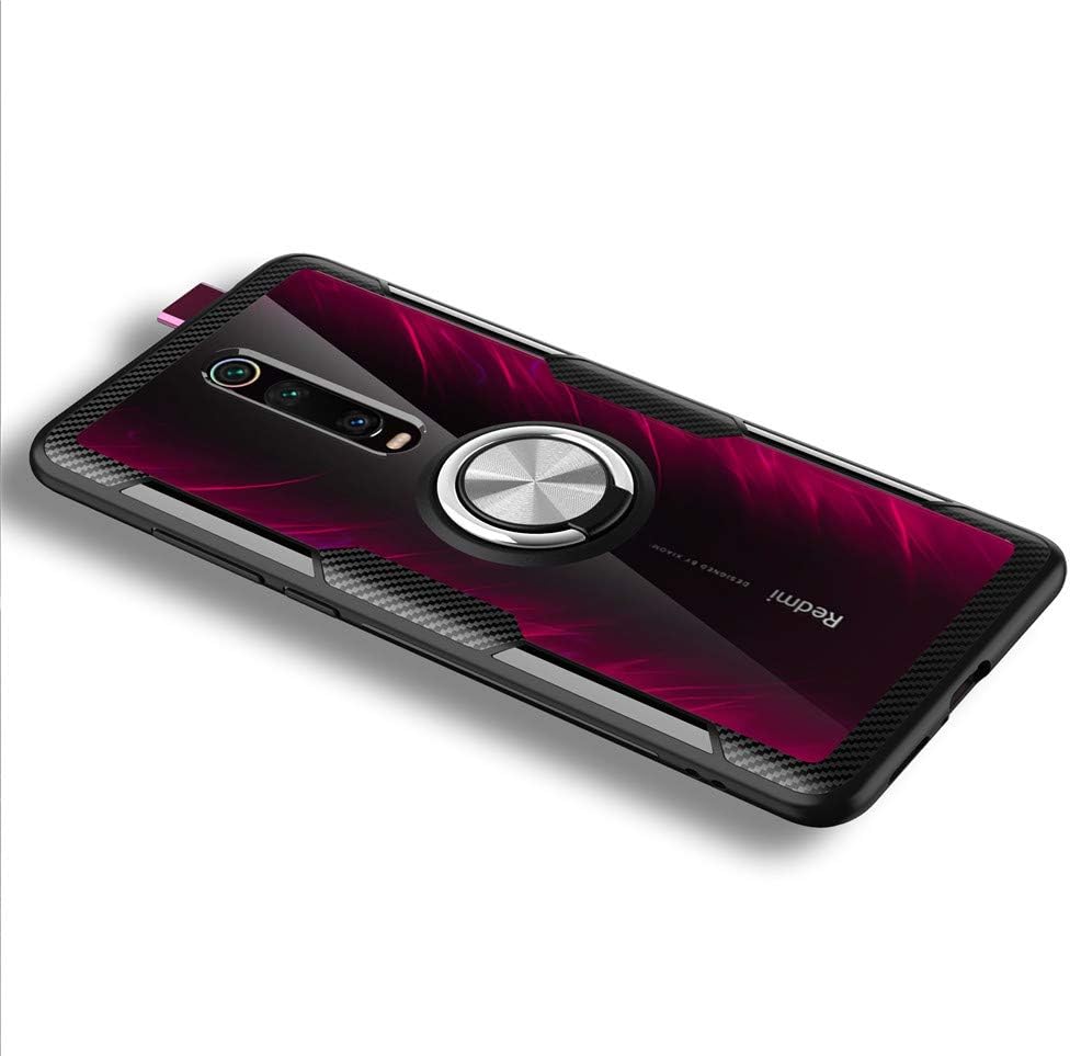 LAGUI Compatible for Xiaomi Mi 9T/ 9T Pro Case, Slim Transparent Shockproof Scratch Cover with finger Ring Holder, for Magnetic Car Mount, silver black
