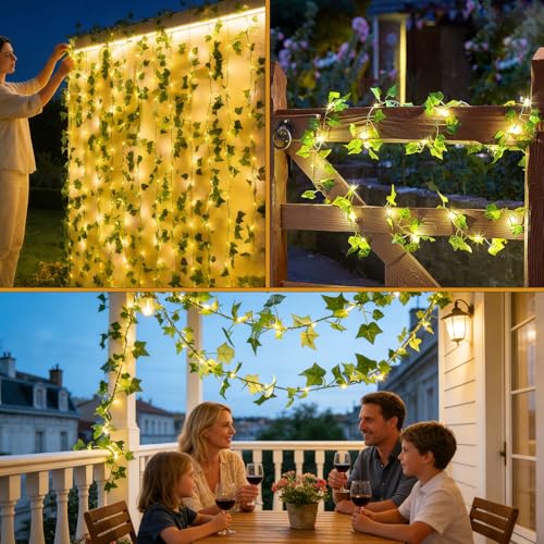 Joysing Outdoor Solar String Lights 10M 100 LED Artificial Ivy Lights, 8 Modes Outdoor Solar Vines Waterproof String Lights Leaf for Garden Balcony Outdoor Decoration