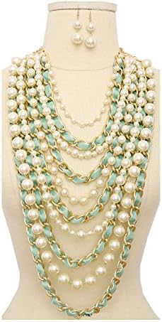 CN0178 WOMEN'S FASHION PEARL AND VELVET INTERTWINED CHAIN NECKLACE AND EARRINGS SET (CREAM MINT)