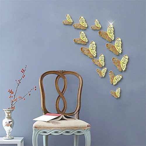 FLY SPRAY Gold Butterfly Mural Decor 36pcs Removable Hollow-out Wall Stickers with Adhesive Glitter DIY Decals Decoration Exquisite 3D Crafts