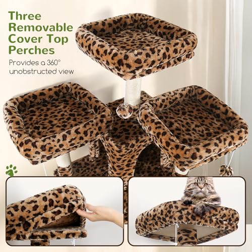 Globlazer Leopard Cat Tree XXL 209 cm with 3 Padded Perches, 2 Niches, Large Platforms, 2 Baskets, Plush Toys, Huge, Stable Cat Trees for 3-5 Cats Indoor (F82, Leopard)