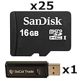 25 PACK - SanDisk 16GB MicroSD HC Memory Card SDSDQAB-016G (Bulk Packaging) LOT OF 25 with USB 2.0 MicoSD & SD Memory Card Reader 
