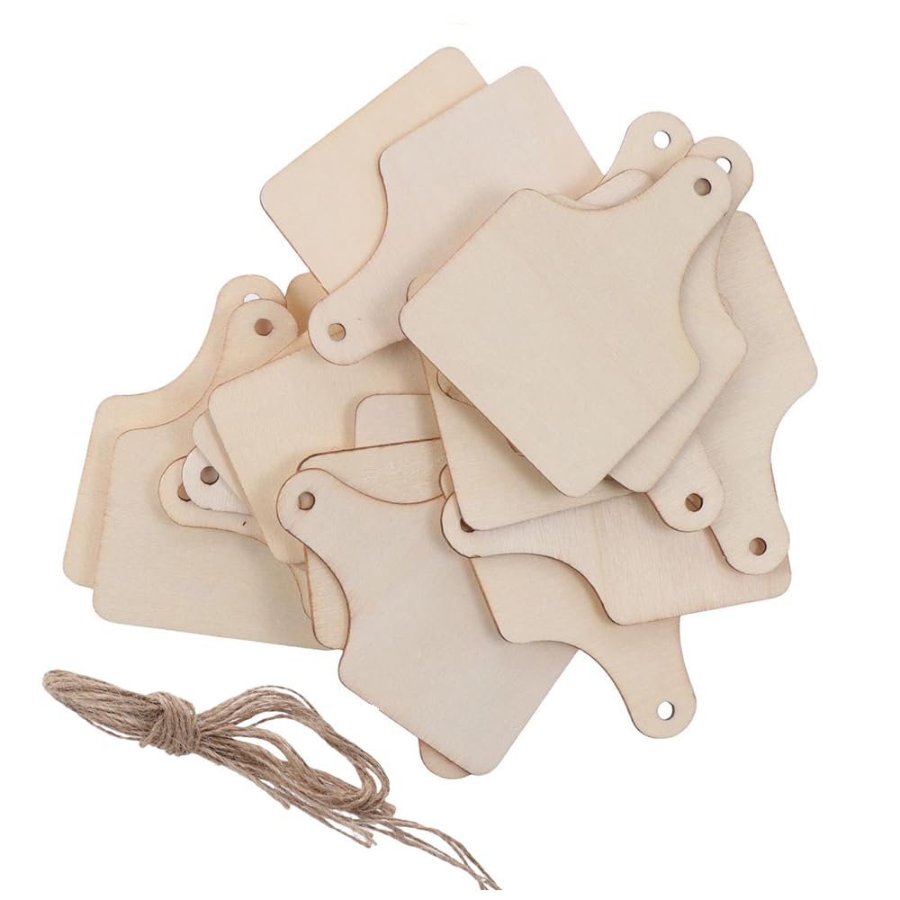 YYlingx 40Pcs Unfinished Wooden Cow Ear Tags Cutouts with Ropes, Farmhouse Blank Hanging Cow Tags for DIY Craft, Home Party Decor