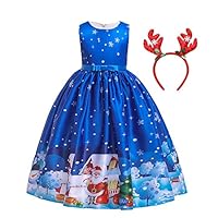 MYRISAM Kids Girls Christmas Dress w/Reindeer Headband Xmas Tree Santa Claus Snowman Printed Holiday Party Outfits Blue 12-13T