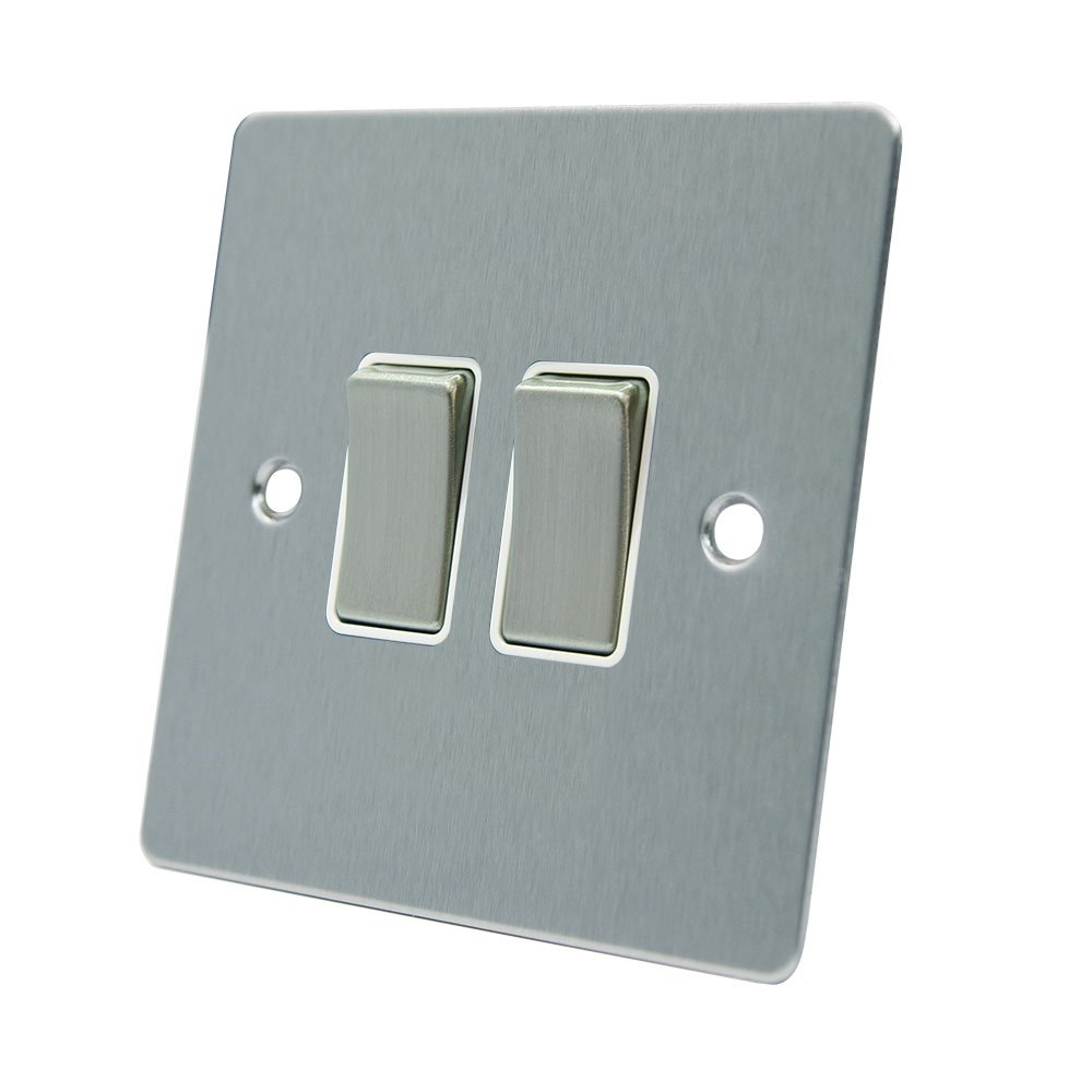 AET FSC2GSWIWS 10 A 2-Gang 2-Way Satin Chrome Flat Double Light Switch with White Insert Metal Switches