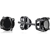 Foruiston 925 Sterling Silver Black Stud Earrings for Women and Men, Solitaire Cubic Zirconia Round & Princess Cut Heart-Shaped, 6mm (Round-Cut, Black)