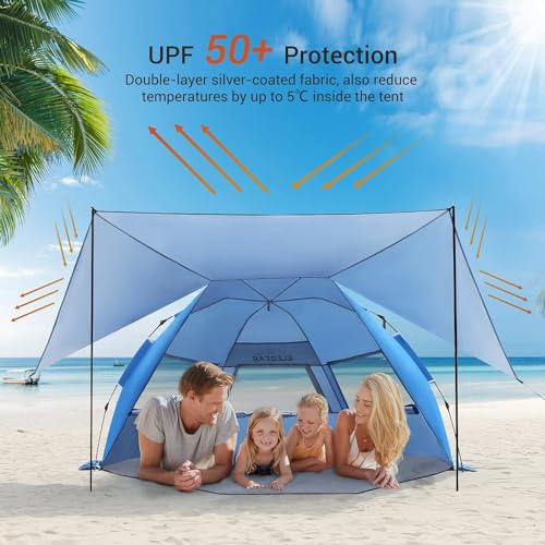Elegear Tienda para Playa con UPF 50+ Refugio Solar de Playa Ligero, Instantáneo Portátil Carpa para Playa Camping, Tienda Sombra con Cremallera Extendida para Camping de Playa, Azul