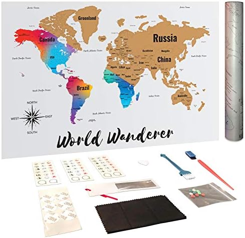 World Wanderers Scratch off Map of the World with United States and Canada State Boundaries | Large Deluxe Edition Gold Peel off | Travellers Gift with Tools and Memory Stickers