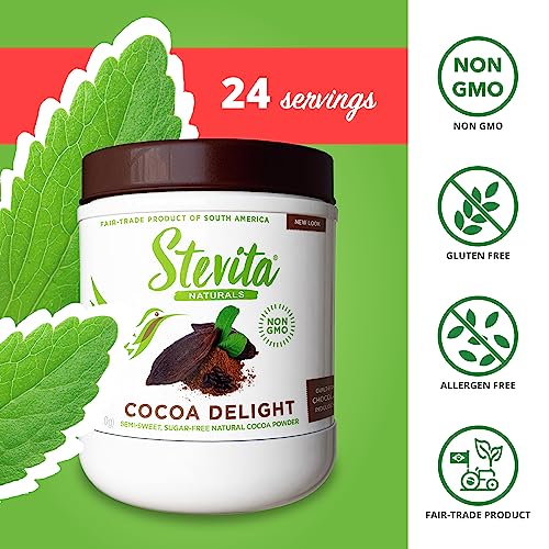 Stevita Cocoa Delight 4.2 oz Natural Cocoa Powder with Stevia For Hot Cocoa, Smoothies